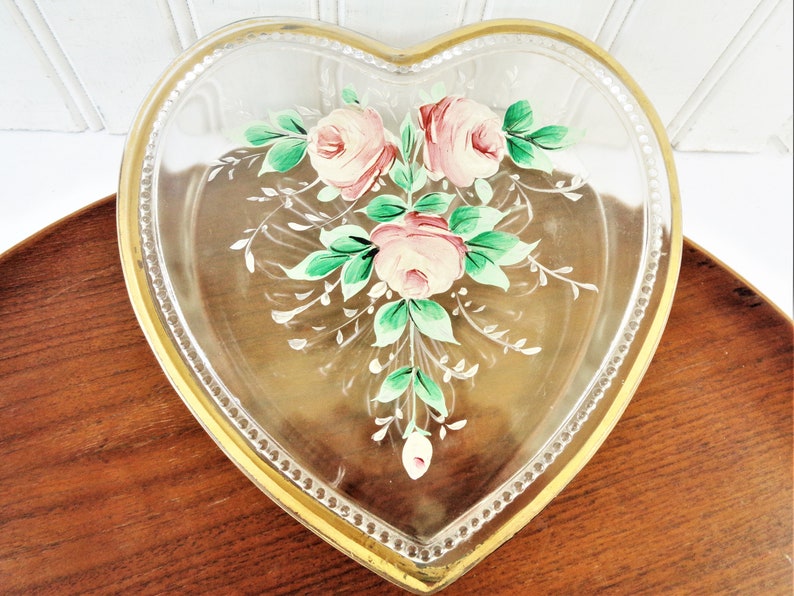 vintage glass heart trinket box vanity or candy bowl large hand painted roses