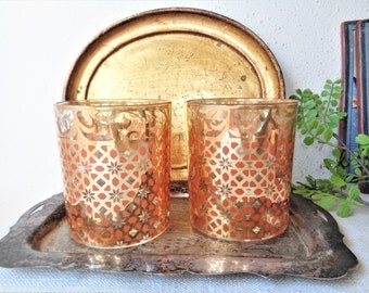 vintage bar glass old fashioned short tumbler gold retro patina pattern