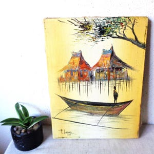 Vintage oil painting on canvas island style mid century Asian