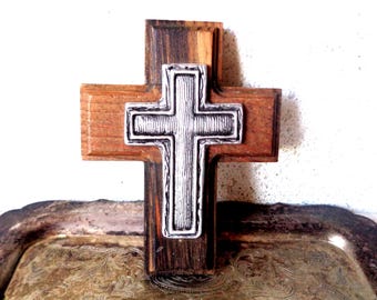 Vintage cross, metal and wood crucifix, rustic wall hanging
