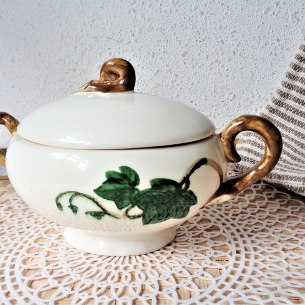 vintage sugar bowl with lid green ivy california pottery