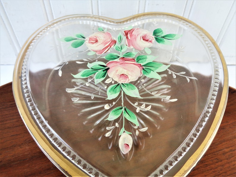 vintage glass heart trinket box vanity or candy bowl large hand painted roses