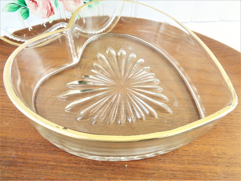 vintage glass heart trinket box vanity or candy bowl large hand painted roses