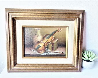 vintage oil painting violin still life