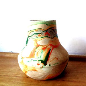 Vintage Nemadji art pottery vase, swirl pattern, green and orange, squat shape