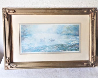 vintage swans swimming art print framed