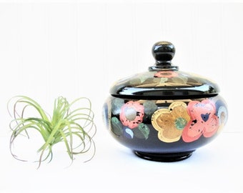 vintage black glass jar bowl with lid hand painted flowers