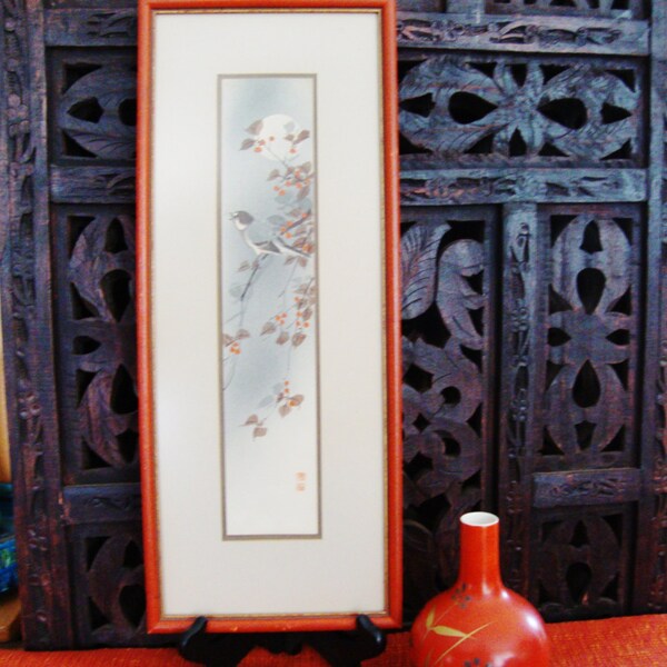 vintage japanese woodblock print nightingale bird and full moon framed