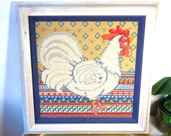 vintage rooster needlepoint framed country farm kitchen