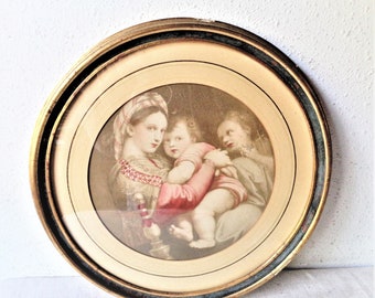 vintage art madonna print raphael round faded circular frame