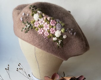 Spooky Skull and Flowers Hand-Embroidered Wool Beret