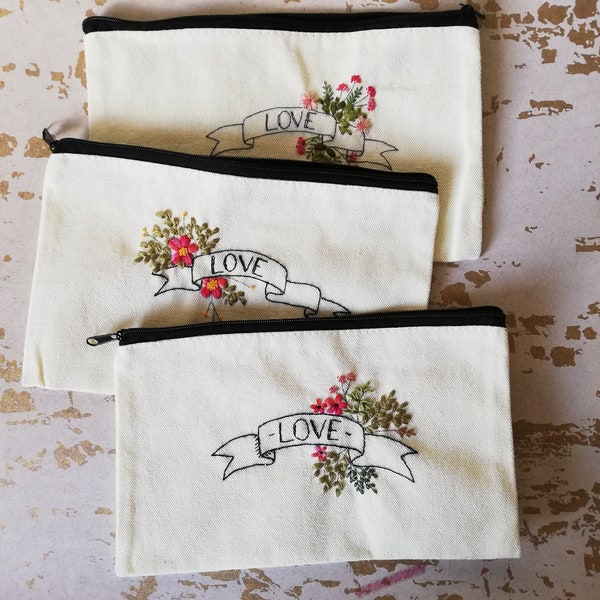 Floral and Foliage Embroidery and Love Banner Coin Purse, Make up case, Pencil Case