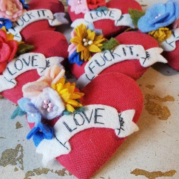 Tattoo Heart and Banner Felt Flower Fabric Brooch LOVE or FUCK IT