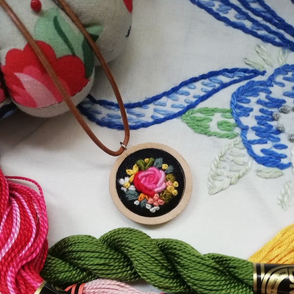 Freehand Embroidered Necklace pendant. Wooden pendant and leather cord. Floral embroidered necklace charm