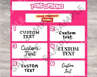 TABLEAU DES POLICES pour la fiche produit, tableau des textes personnalisés de la boutique Etsy, tableau de personnalisation pour les images des produits, outils d'impression à la demande