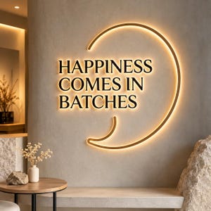May include: A wall-mounted sign featuring the black text HAPPINESS COMES IN BATCHES, framed by a glowing, warm-toned circular LED light element that curves around the lettering to form a stylized, open-ended shape on a textured wall.