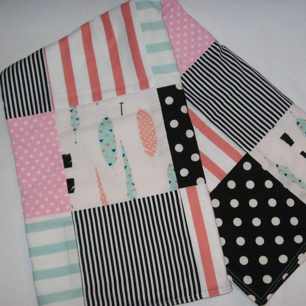 Feather Patchwork Baby Blanket- Quilt, Blush Pink, Gold, Mint Green, Black and White, Aztec Nursery, Tribal Nursery