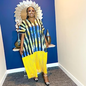 Elegant Adire Kaftan Bubu Dress - Handmade Nigerian One-Size Gown with Fringes - African Tie-Dye Maxi Dress-Rich Aunty Dress-Gifts For Her