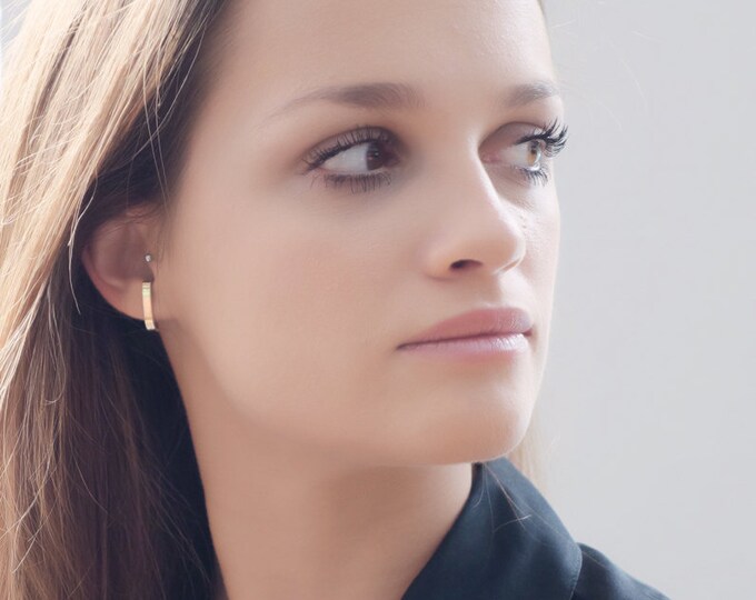 Phoebe Earrings Handmade Gold Flat Bar Earrings, 14K Solid Gold