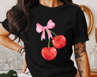 Cute Cherry Bow T-Shirt, Fun Graphic Tee, Sweet Cherries with Pink Bow Design, Summer Fashion, Casual Outfit, Cute Fruit Shirt