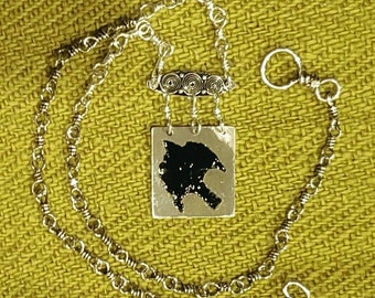 Black Crow Fly Enameled Fine Silver Pendant Necklace