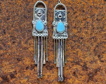 Exquisite Silversmith Blue Turquiose Earrings with Finely Stamped Paddles and Garnet Accent