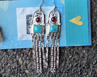 Turquiose and Garnet Chandelier Earrings with Stamped Paddles