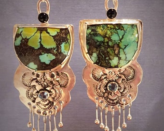 Turquiose earrings on an exquisitely stamped fine silver backing, with pin ball dangles