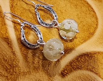 Sterling Silver Tear Drop Hoops with Pale Yellow Flower Borosilicate Glass Bead