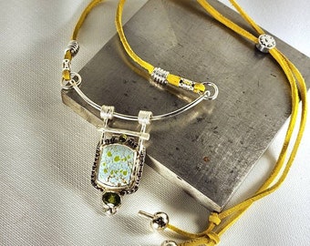 Turquiose, Peridot, Fine Silver, and leather Adjustable Slide Necklace, silversmithed. One-of-a-kind. Southwestern. Boho.