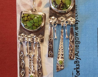 Gorgeous Silversmithed Turquiose Southwestern Contemporary Chandelier Earrings with Stamped Paddles and Ball Pin Dangles