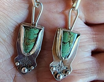 Gorgeous Green Turquiose Earrings set in fine silver artful handstamping design