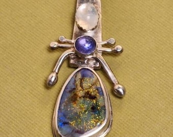 Monarch Opal, Tanzanite, Rainbow Moonstone Under The Sea Pendant Necklace