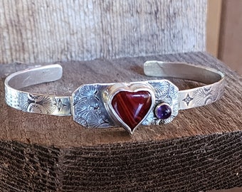 Silversmithed Fine Silver and Rosarita Heart Cuff with a 3mm Amethyst gemstone