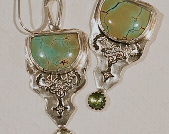 Half MoonTurquiose earrings with tourmaline accent cabachon and artful stamped design