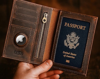 Personalized Leather Passport Holder with AirTag Slot: Engraved Travel Wallet