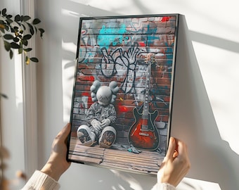 Impression d'art KAWS figurine et guitare graffiti : street style urbain (téléchargement numérique)