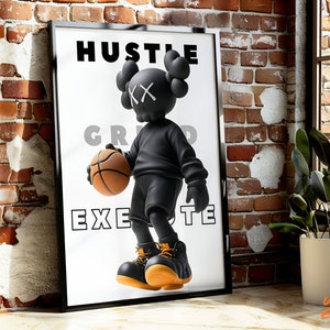 Puede incluir: Póster en blanco y negro con un personaje de dibujos animados sosteniendo una pelota de baloncesto. El póster dice "Hustle Grind Execute" en letras negras en negrita.