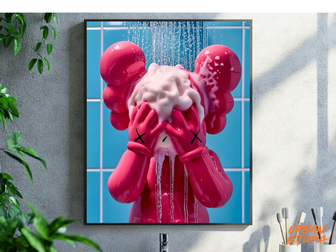 Funky Pink Kaws in Shower Hypbeast Poster Printable Art for Shower