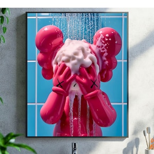 Funky Pink Kaws in Shower Hypbeast Poster - Printable Art for Shower Wall, DIGITAL DOWNLOAD ONLY, Washroom Wall Decor, Kaws Poster