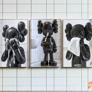 Set of 3 Black Kaws in Shower & Bathroom, DIGITAL DOWNLOAD, Kaws Poster, HypeBeast Prints, Washroom Wall Art, Bathroom Decor
