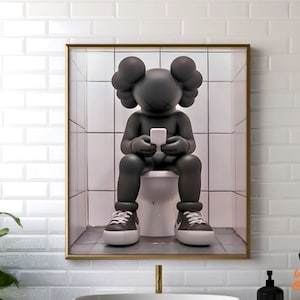 May include: A black and white illustration of a cartoon character sitting on a toilet and holding a smartphone. The character has a large head with a simple face and a small body. The toilet is white and has a simple design. The background is a white tiled wall.