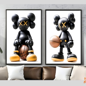 May include: Two black and yellow cartoon figures with 'XX' eyes. One figure is sitting on a basketball, the other is holding a basketball. Both figures are against a white background.