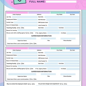 Puede incluir: Un formulario imprimible de experiencia laboral con un diseño azul claro y rosa. El formulario incluye campos para detalles del trabajo, información del supervisor y preferencias de contacto. La parte superior del formulario presenta las palabras "WORK EXPERIENCE" y "FULL NAME:"