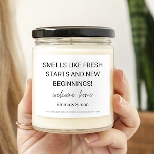 New Home Candle Gift with Name Personalized Welcome Home Housewarming Gift Smells like Fresh Starts Candle Present House Closing Gift