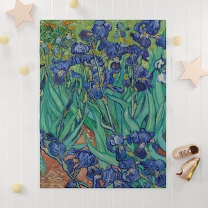 May include: A painting of a field of blue irises with green leaves and stems. The flowers are in various stages of bloom, with some fully open and others still in bud. The painting is done in a style reminiscent of Vincent van Gogh.