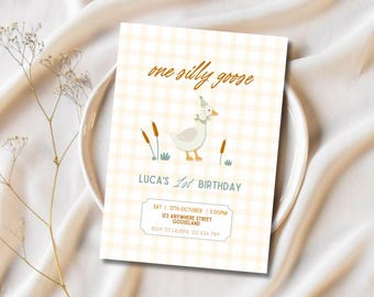 One Silly Goose Einladung Vorlage - Erster Geburtstag, herunterladbar, Individuell, bearbeitbar
