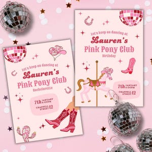 Pink Pony Einladung Vorlage - Bachelorette oder Geburtstag - Individuell und Herunterladbar - Disco Cowgirl Club