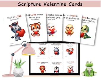 Adorable Scripture Valentine Cards for Kids, Animal Valentine Cards, Printable PDF, 12 Designs, 3 1/2 X 4" Cards