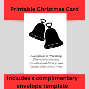 Tarjeta de Navidad, Christian, Campanas, Escuché las campanas el día de Navidad, En blanco por dentro, Imprimible, Minimalista, , Descarga PDF, 5" X 7"